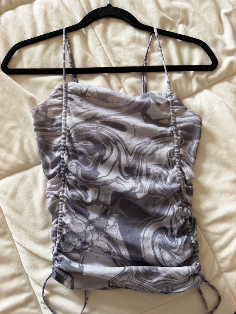 Urban Outfitters Gray Marble-Print Ruched Spaghetti Strap Tank